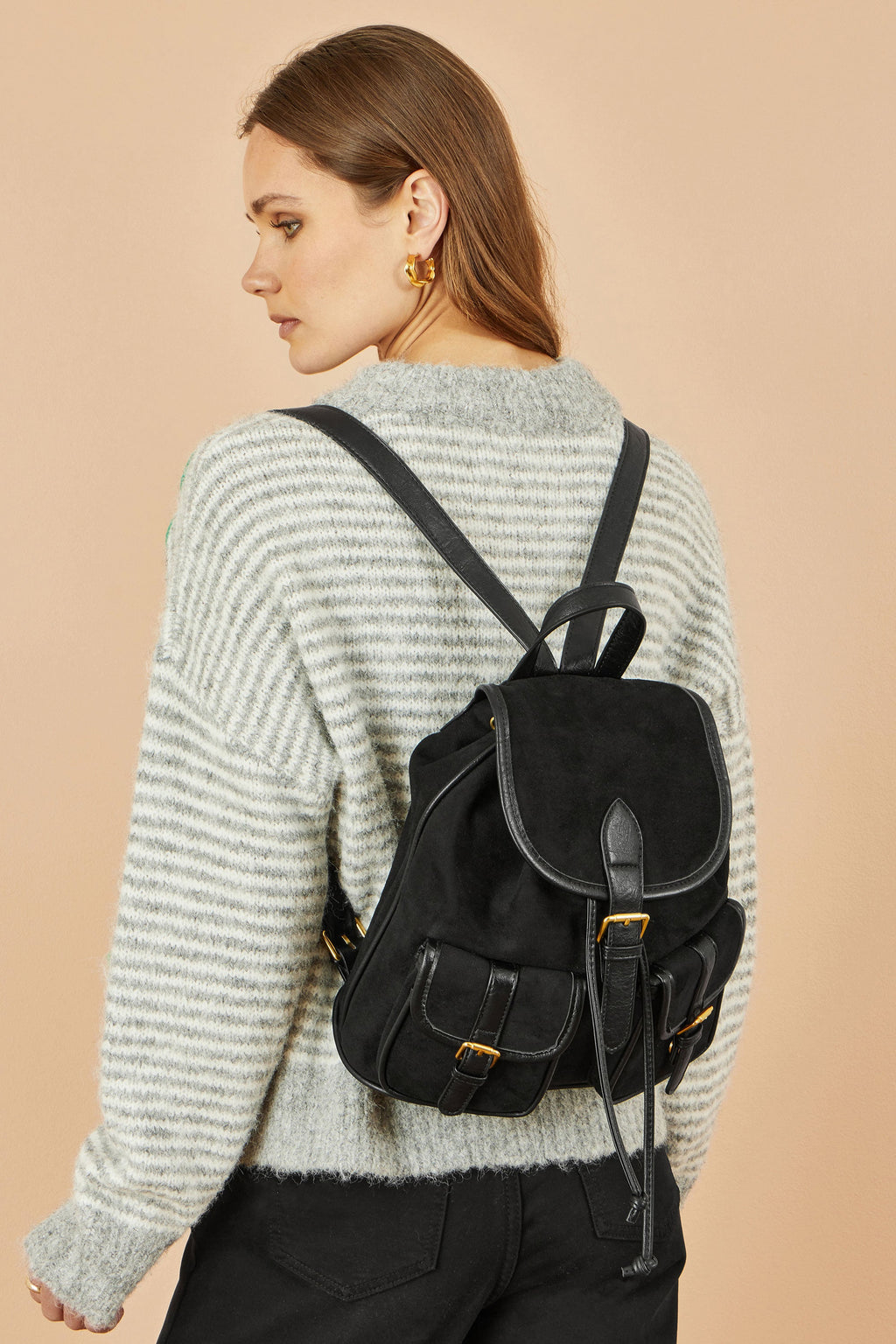 Black Faux Suede Pocket Rucksack