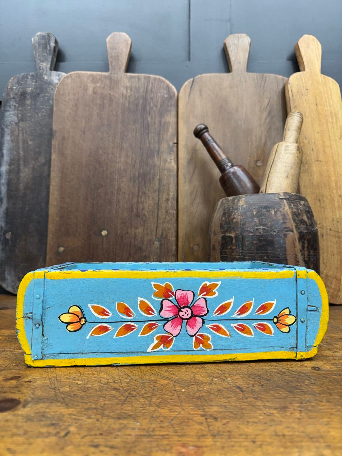 Blue Wooden Painted Brick Mould Planter and Storage Box