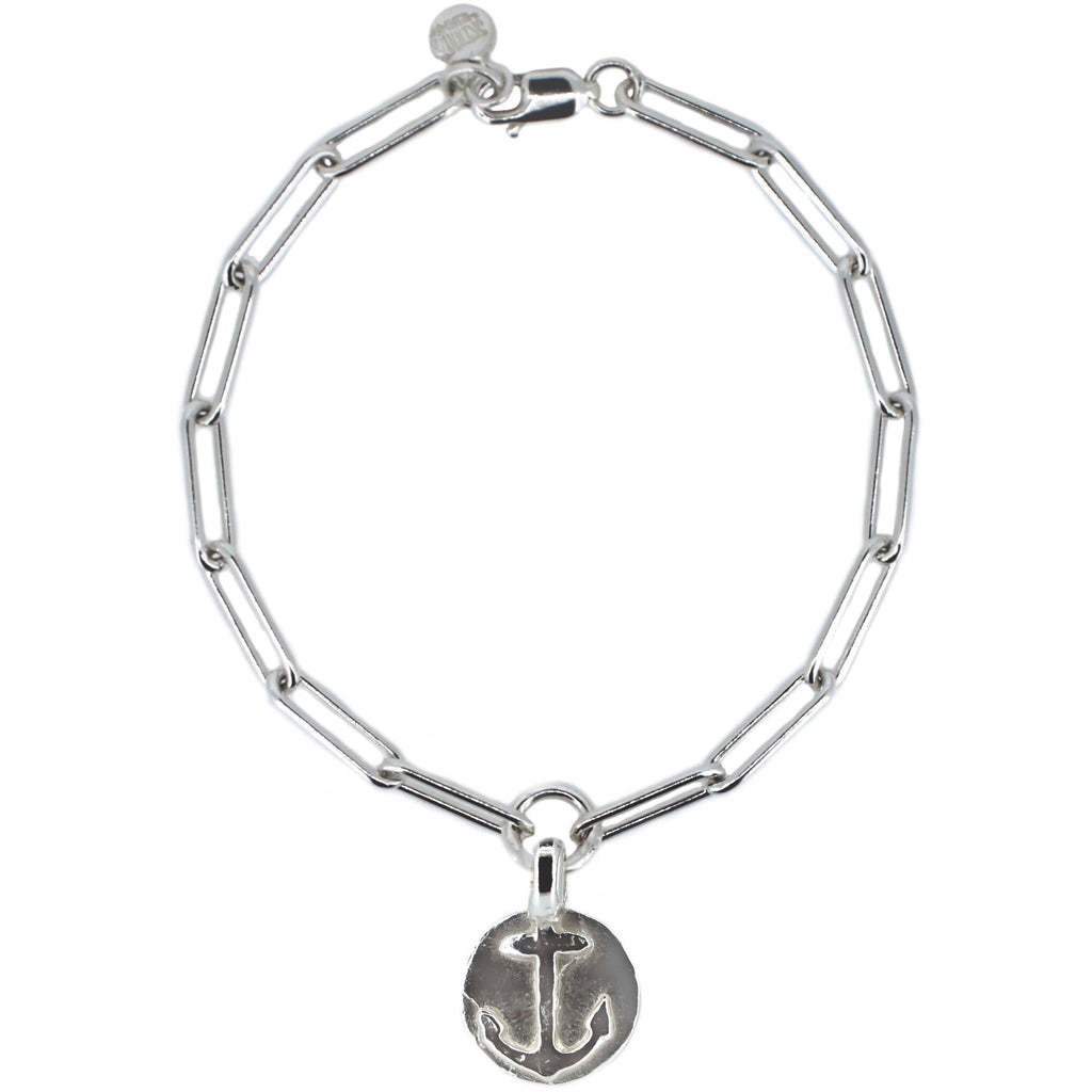 Sterling Silver Anchor Disc Trace Chain Bracelet