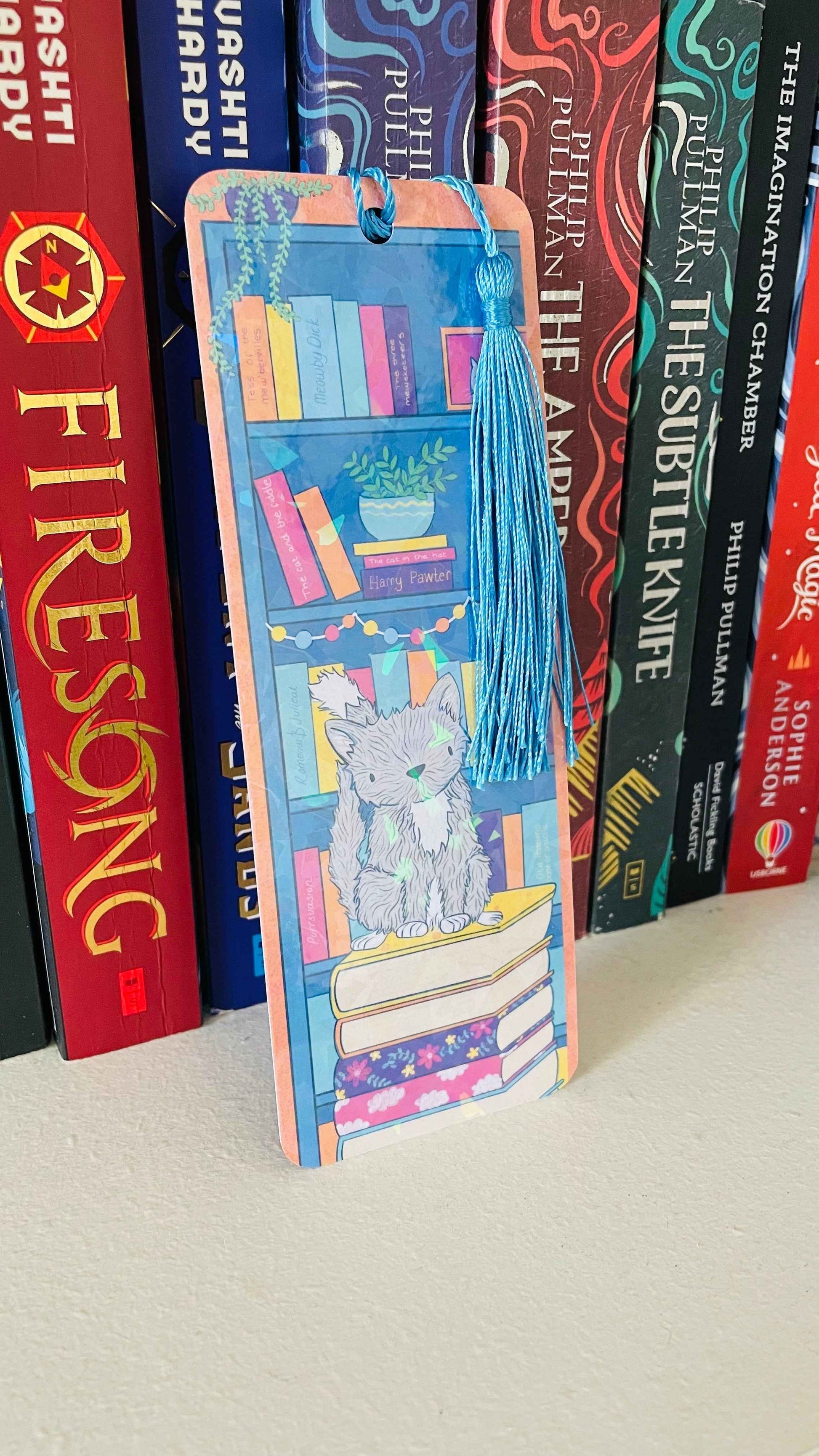 Handmade Holographic Cat Bookmark with Blue Tassel