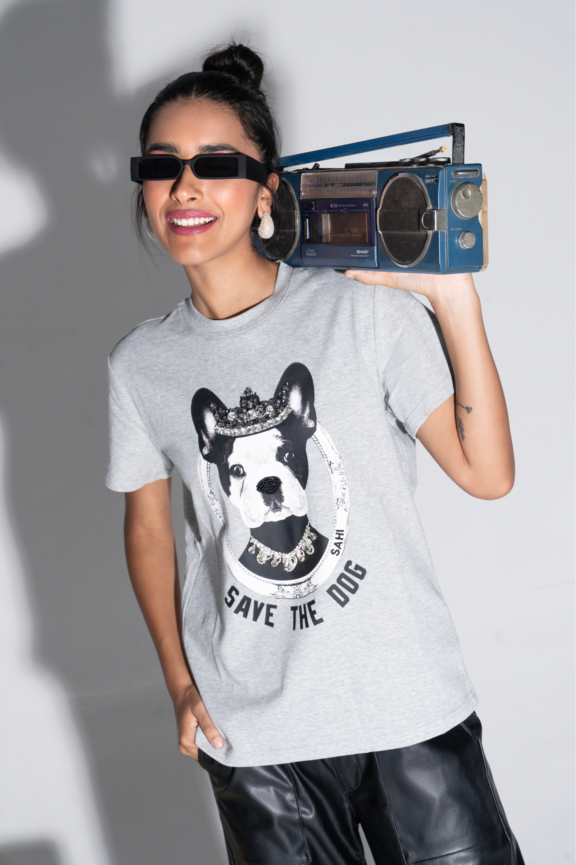 Save The Dog Graphic Embroidered Cotton T-Shirt