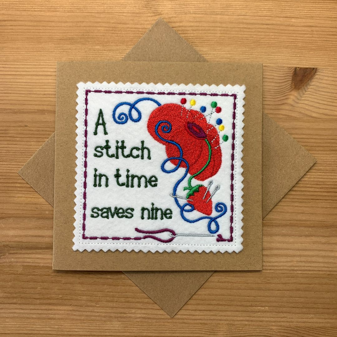 A Stitch in Time Saves Nine Embroidered Card