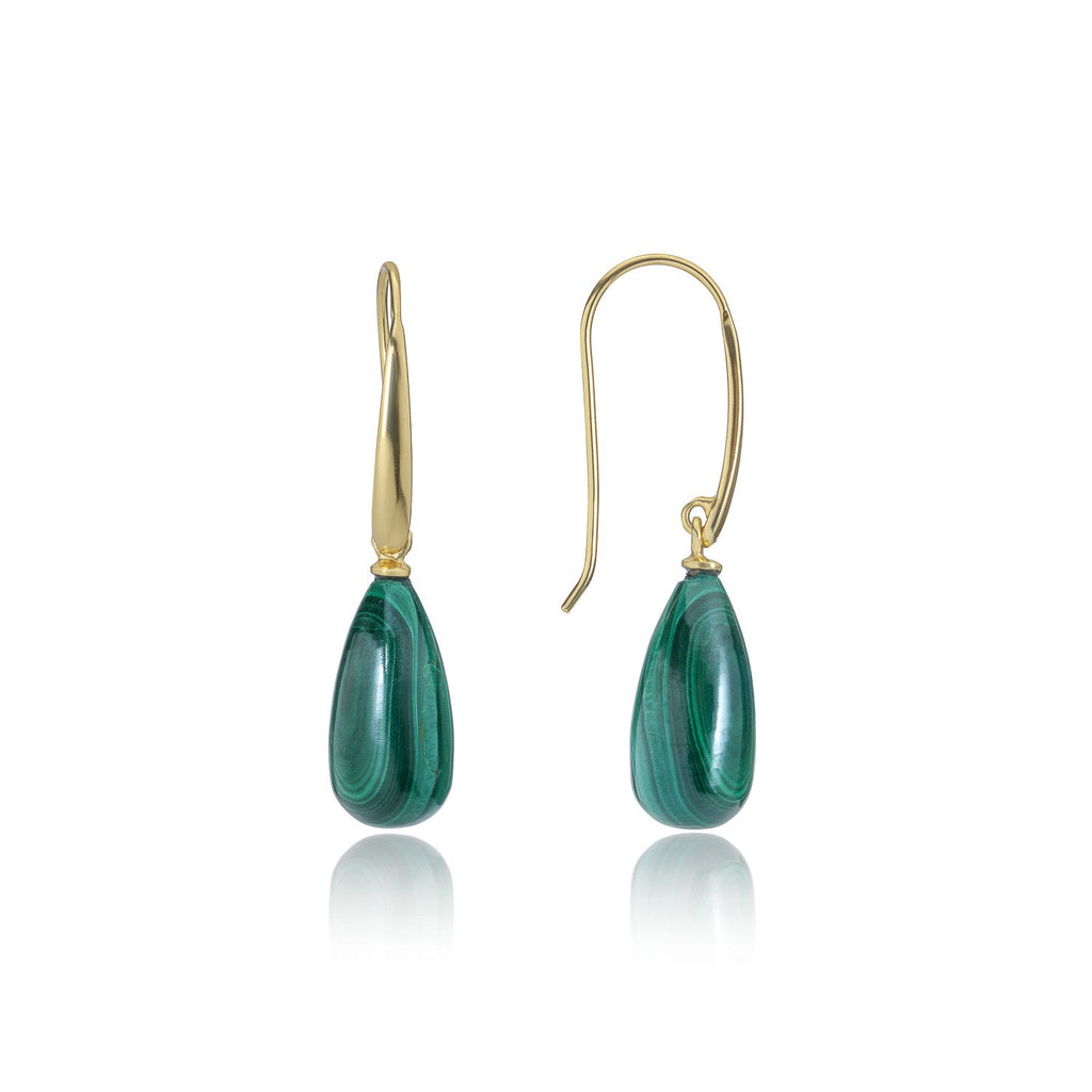 Polished Malachite Stone Drop Earrings in Gold