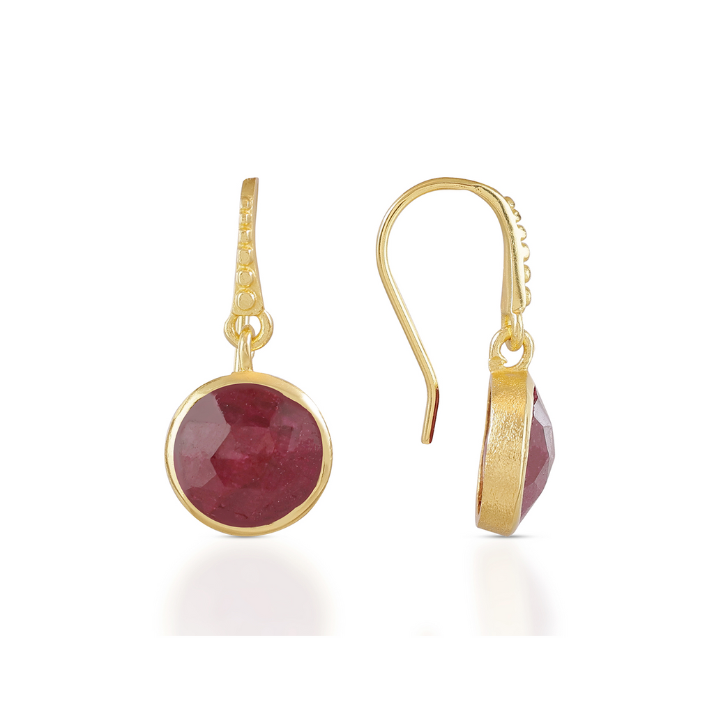Round Ruby Quartz Drop Earrings in Gold