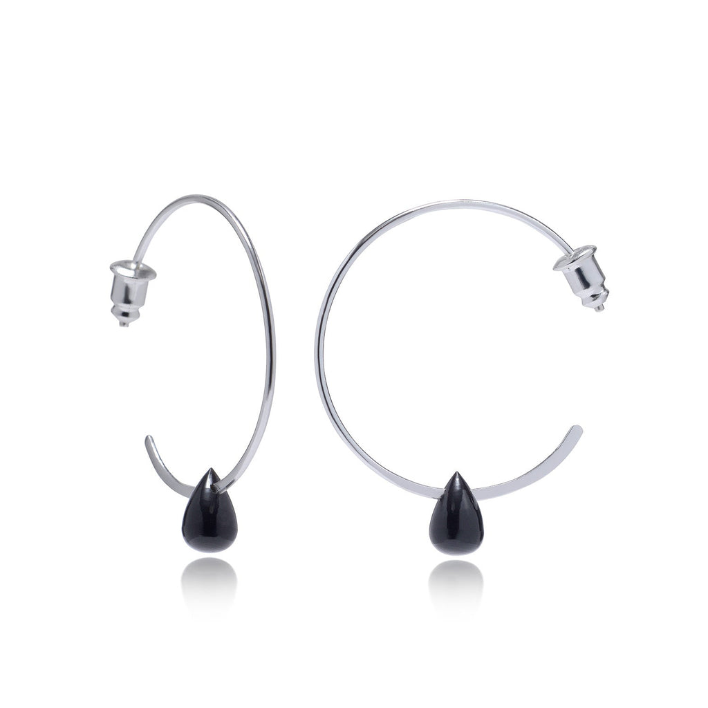 Wire Hoop Earrings with Black Onyx Teardrop Stone in Silver