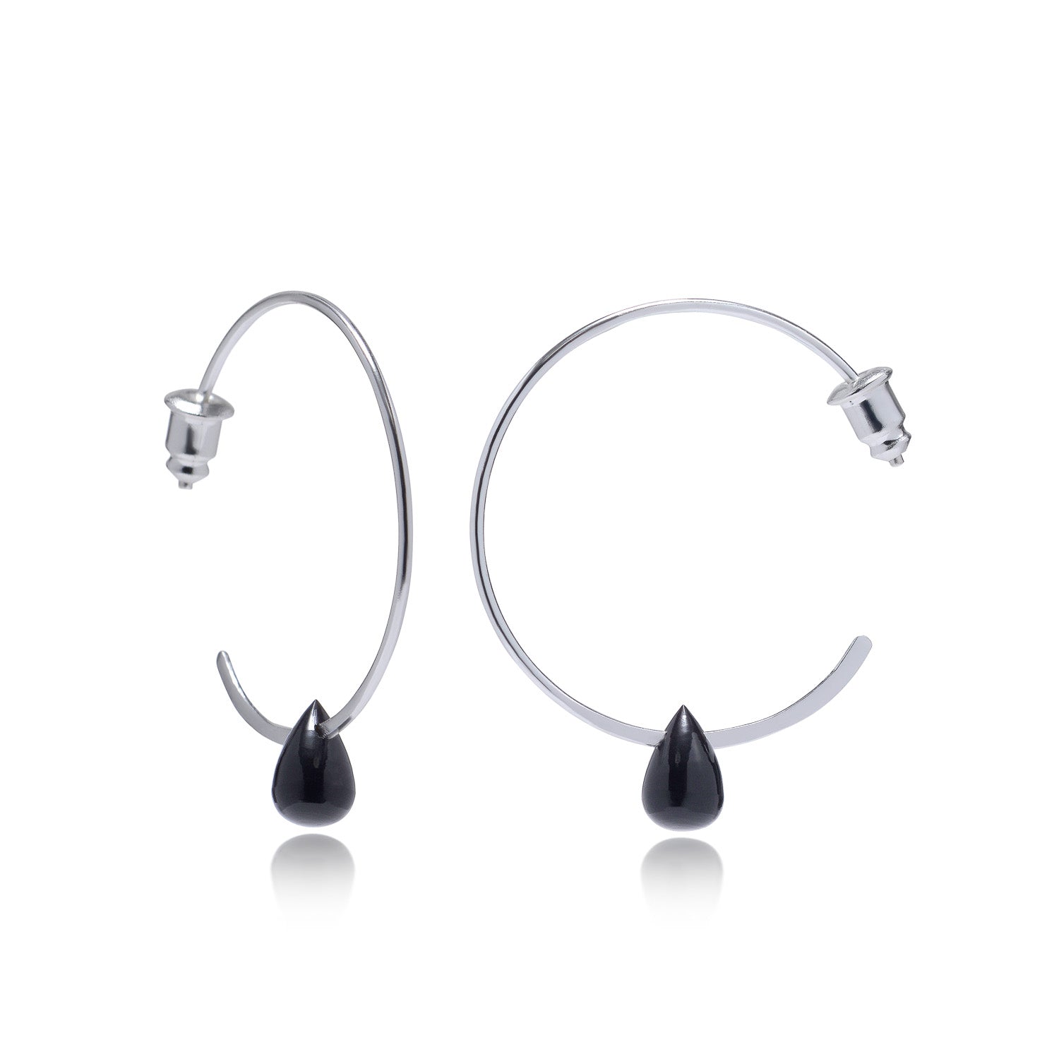 Wire Hoop Earrings with Black Onyx Teardrop Stone in Silver