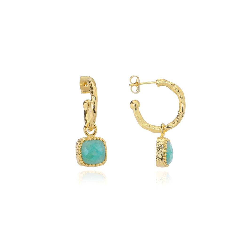 Square Amazonite Gemstone Charm Hoops in Gold
