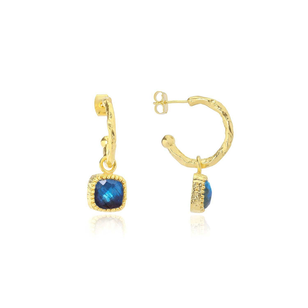 Labradorite Square Charm Gold Hoop Earrings
