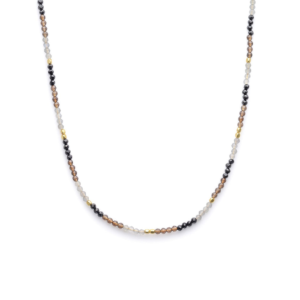 Mixed Gemstone Beaded Necklace with Black Onyx, Smoky Quartz and Labradorite