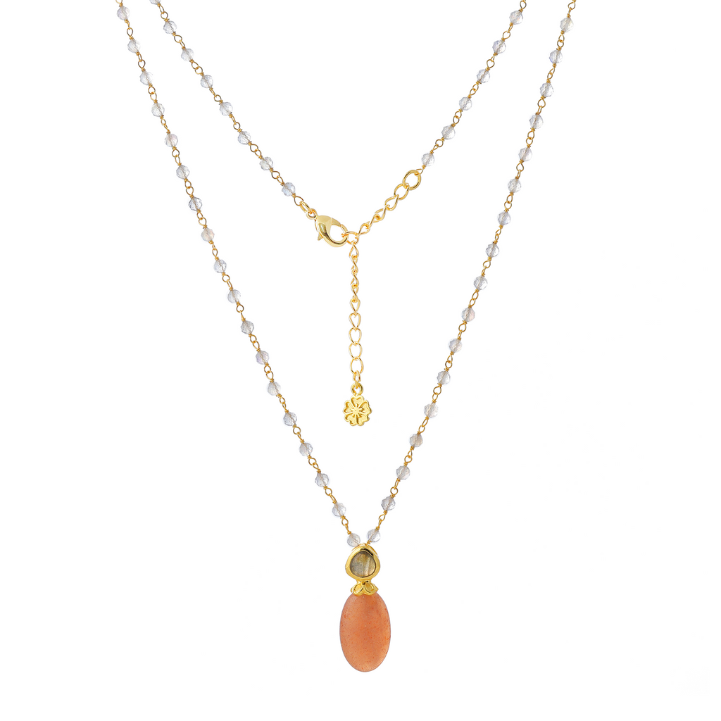 Persephone Double Gemstone Beaded Chain Necklace in Peach Moonstone and Labradorite