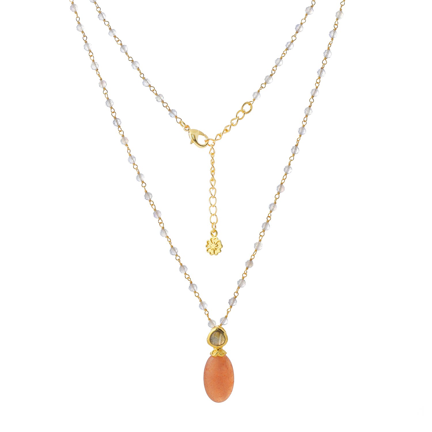 Persephone Double Gemstone Beaded Chain Necklace in Peach Moonstone and Labradorite