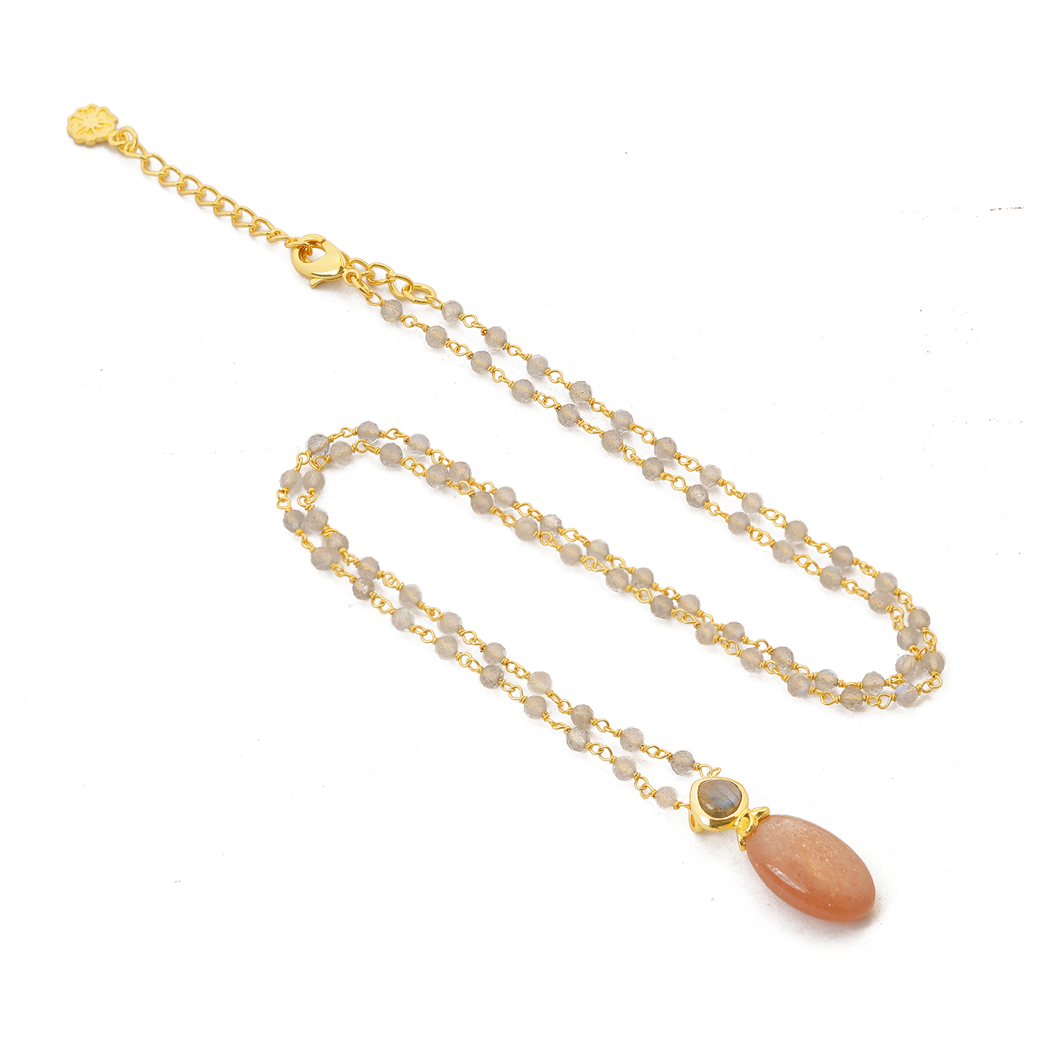 Persephone Double Gemstone Beaded Chain Necklace in Peach Moonstone and Labradorite