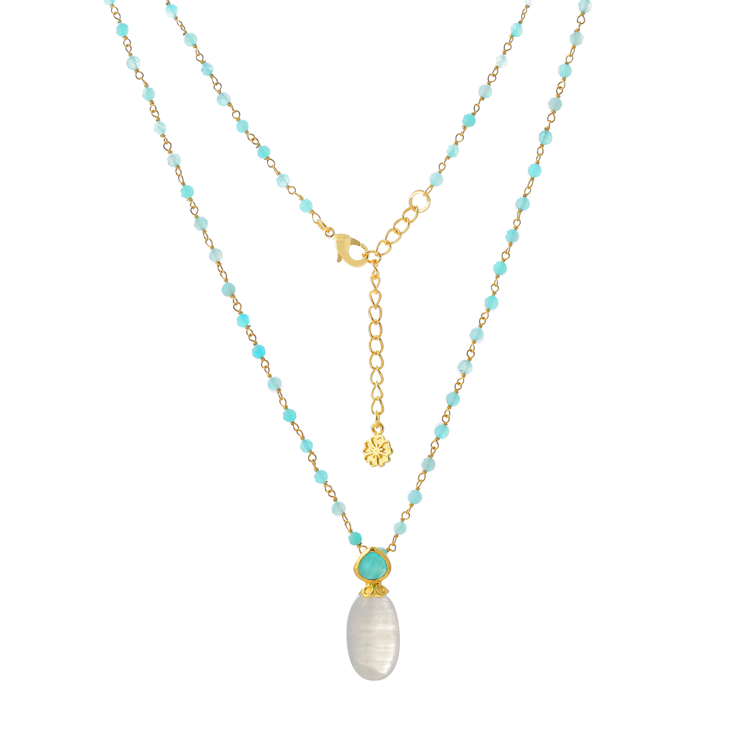Persephone Double Gemstone Beaded Chain Necklace in Moonstone and Amazonite