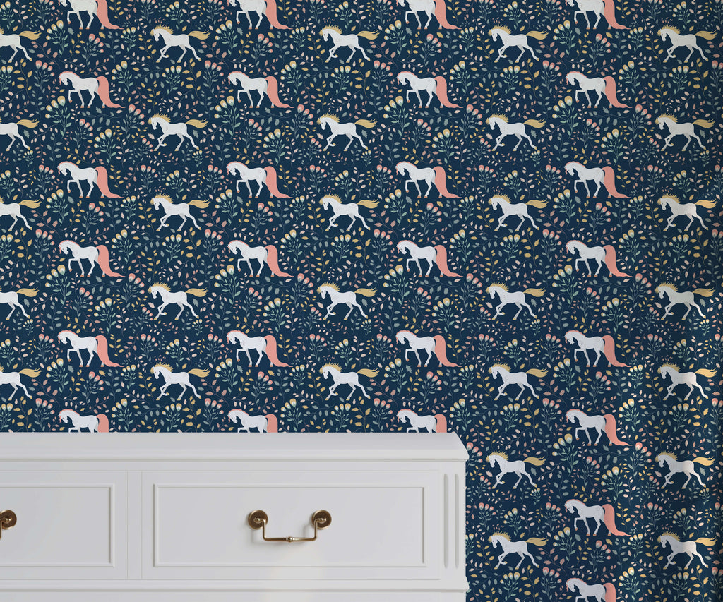 White Horse Wallpaper with Navy Background