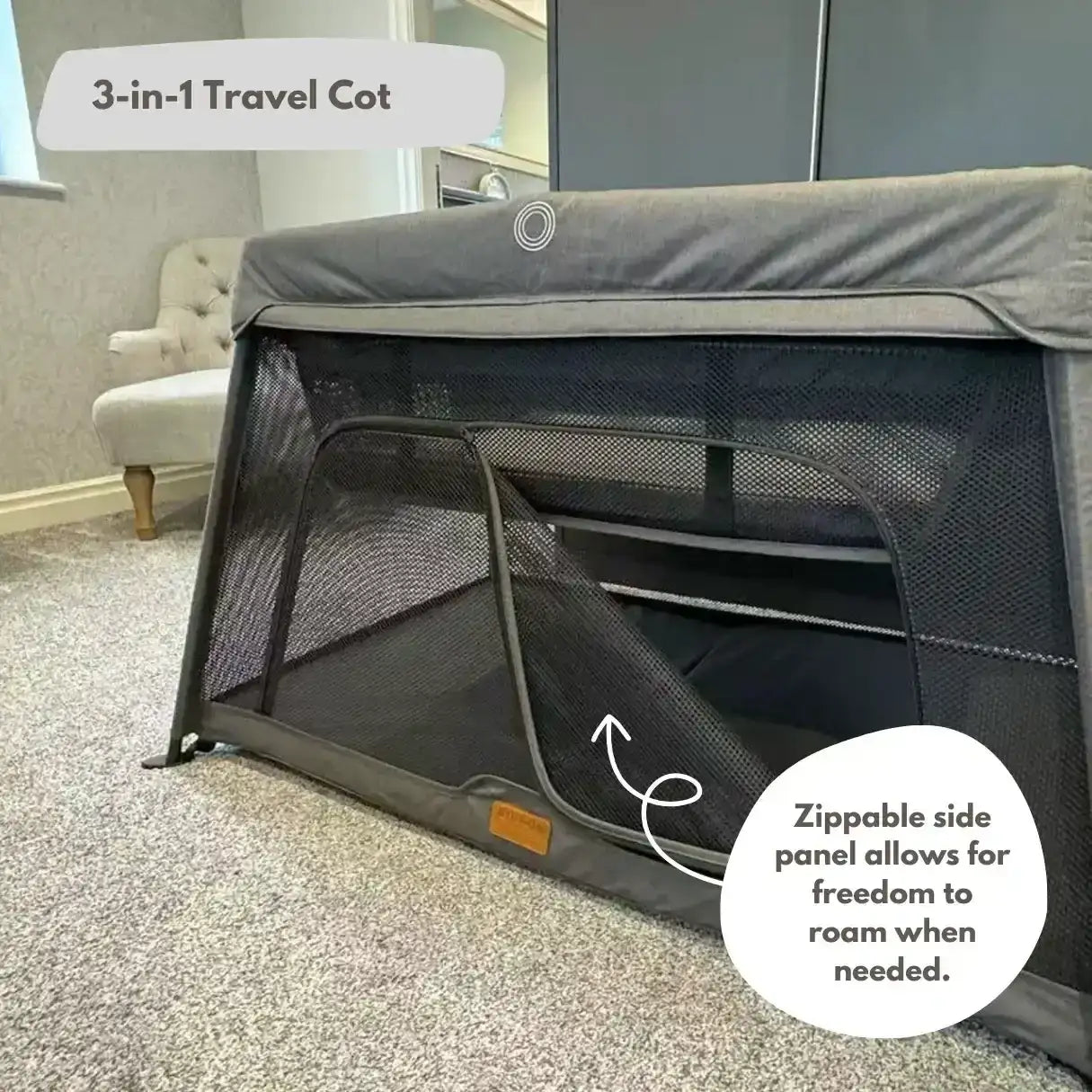 Travel Cot with Newborn Bassinet Insert in Dark Grey