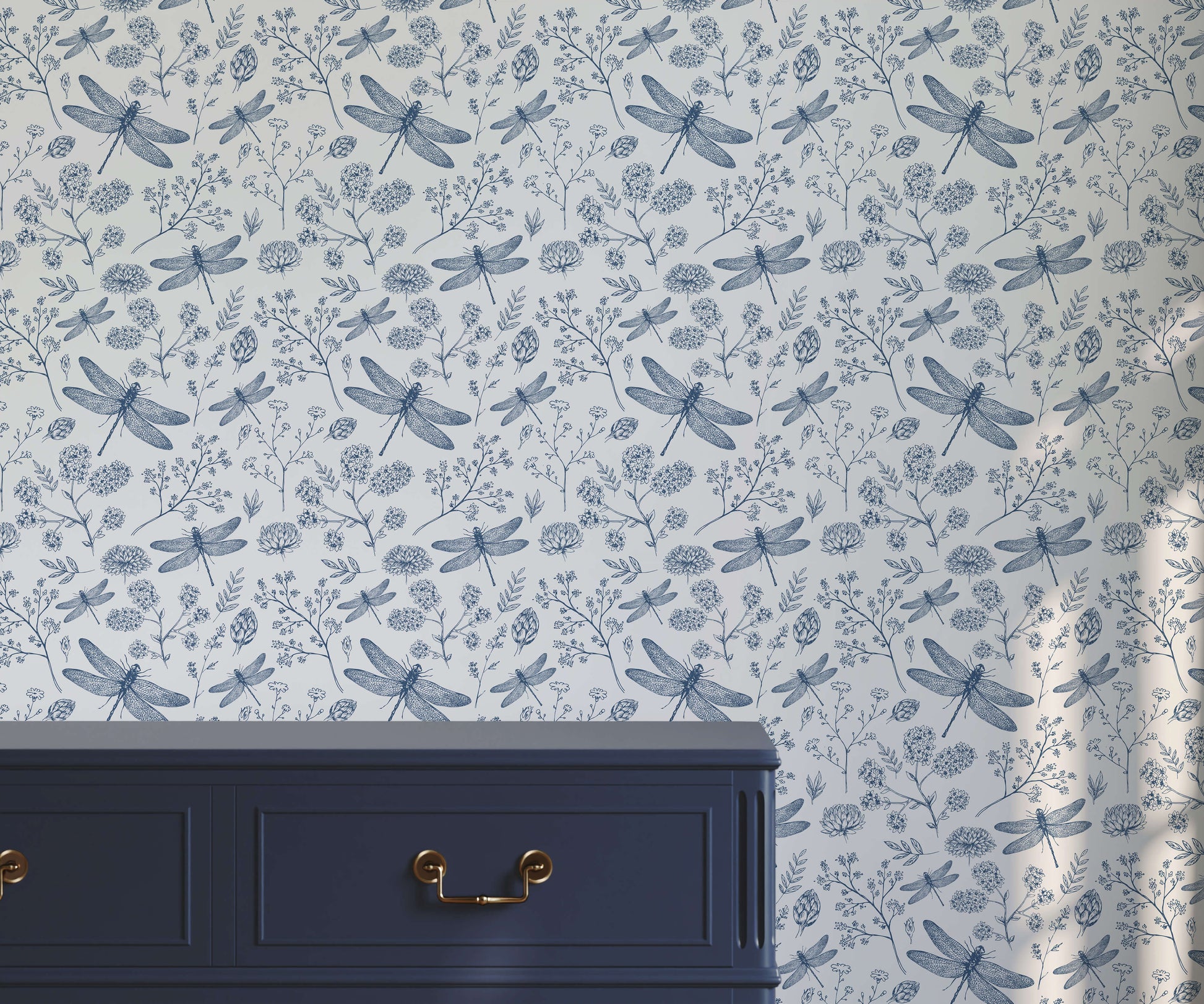 Monochrome Dragonfly Wallpaper with Wildflowers