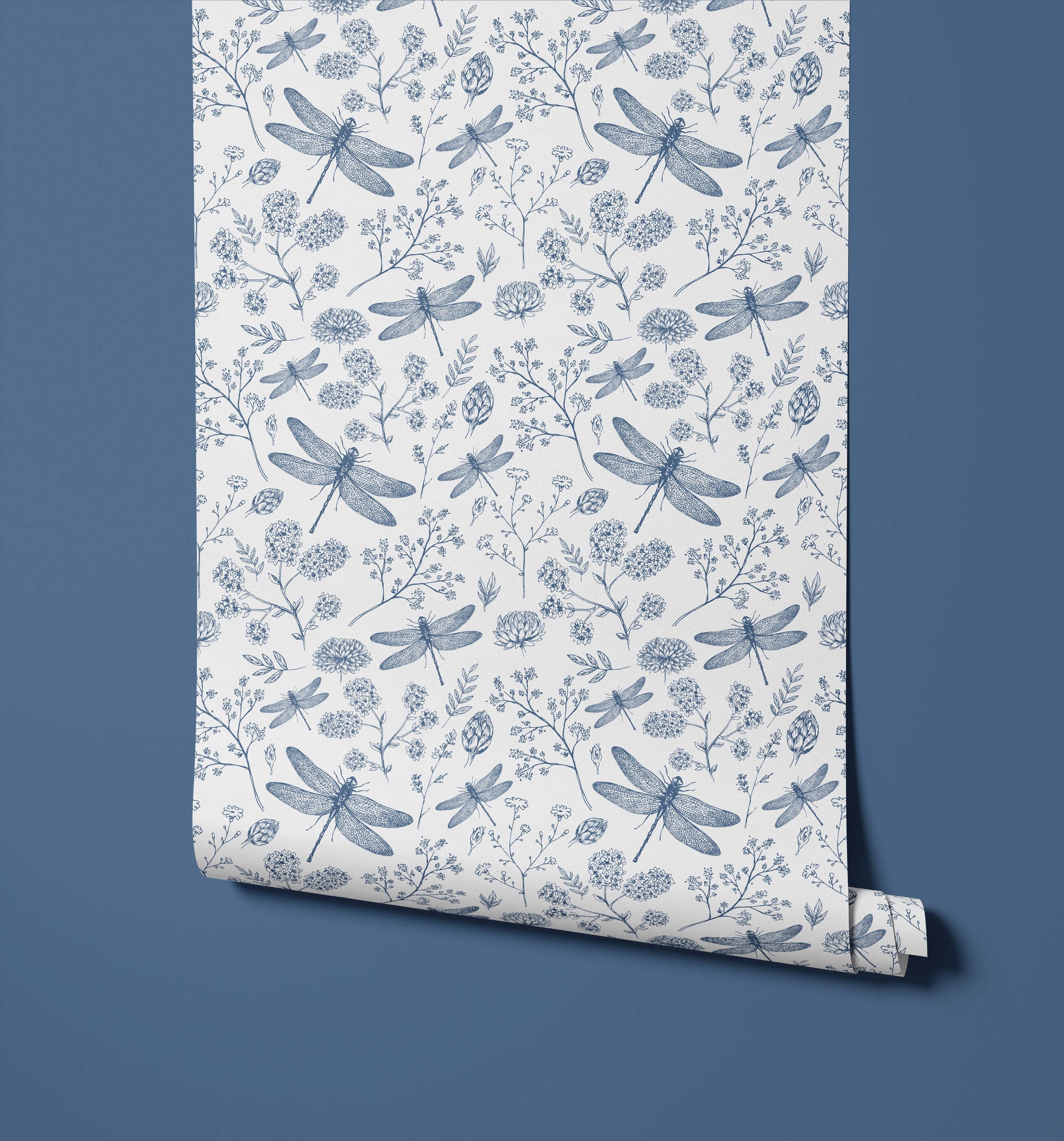 Monochrome Dragonfly Wallpaper with Wildflowers