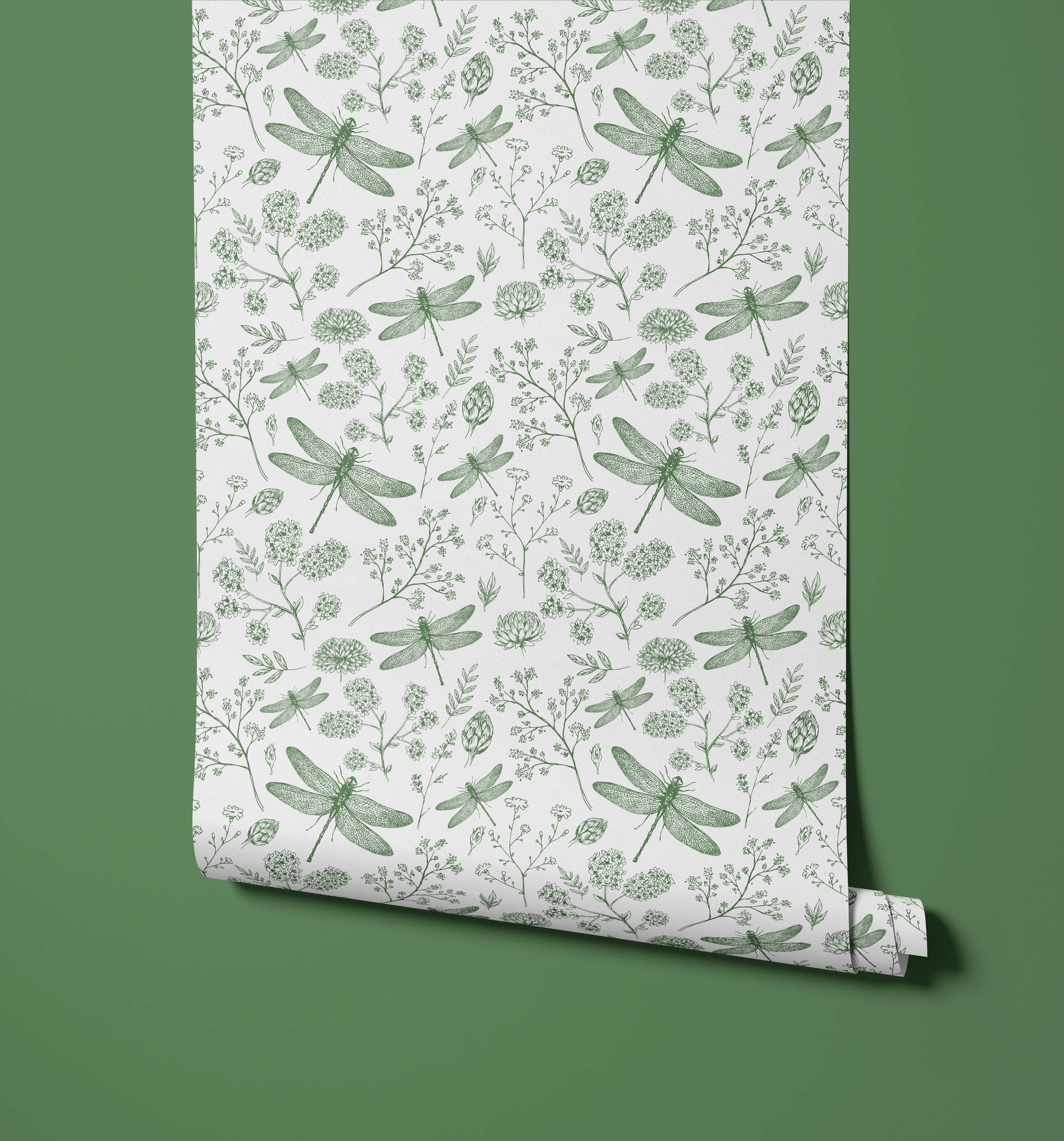 Monochrome Dragonfly Wallpaper with Wildflowers