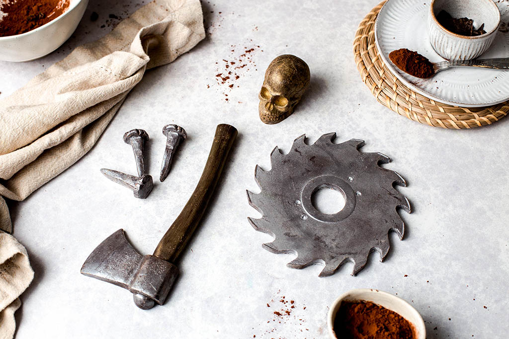 Horror and Halloween Fans Chocolate Gift Set with Axe Saw Blade Nails and Skull Box