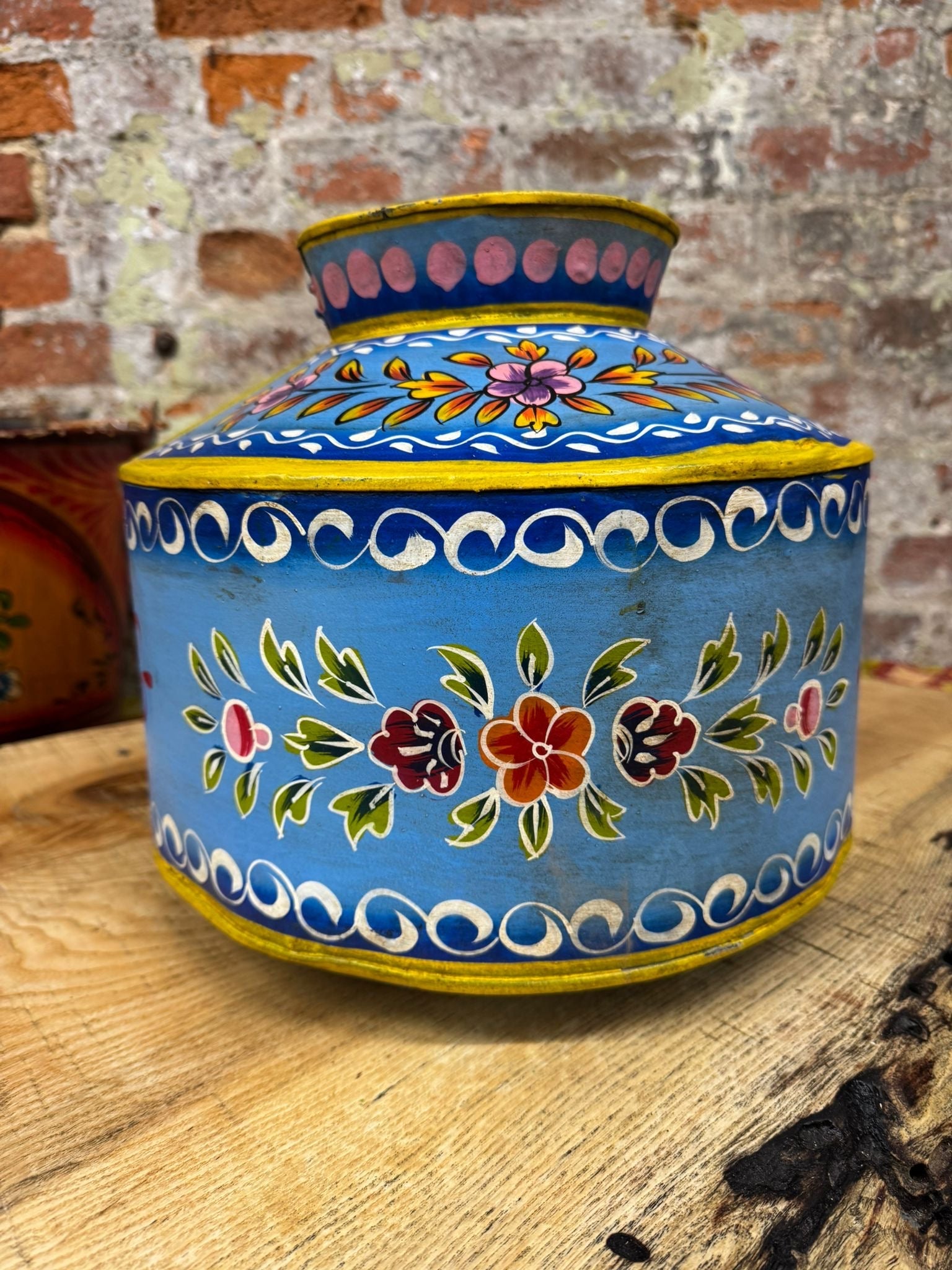 Vintage Painted Metal Water Pot and Planter