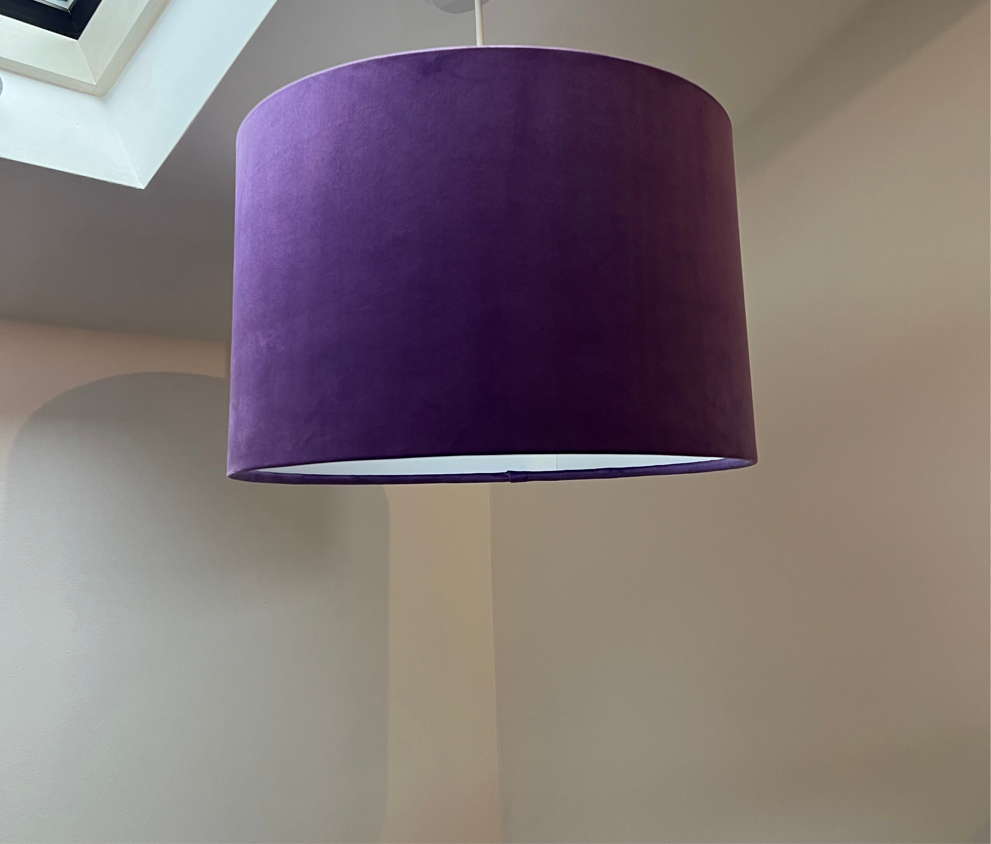 Purple velvet drum lampshade/ ceiling shade with a white lining