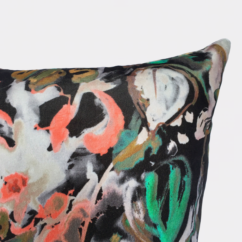 Watercolour Floral Velvet Cushion - Off black