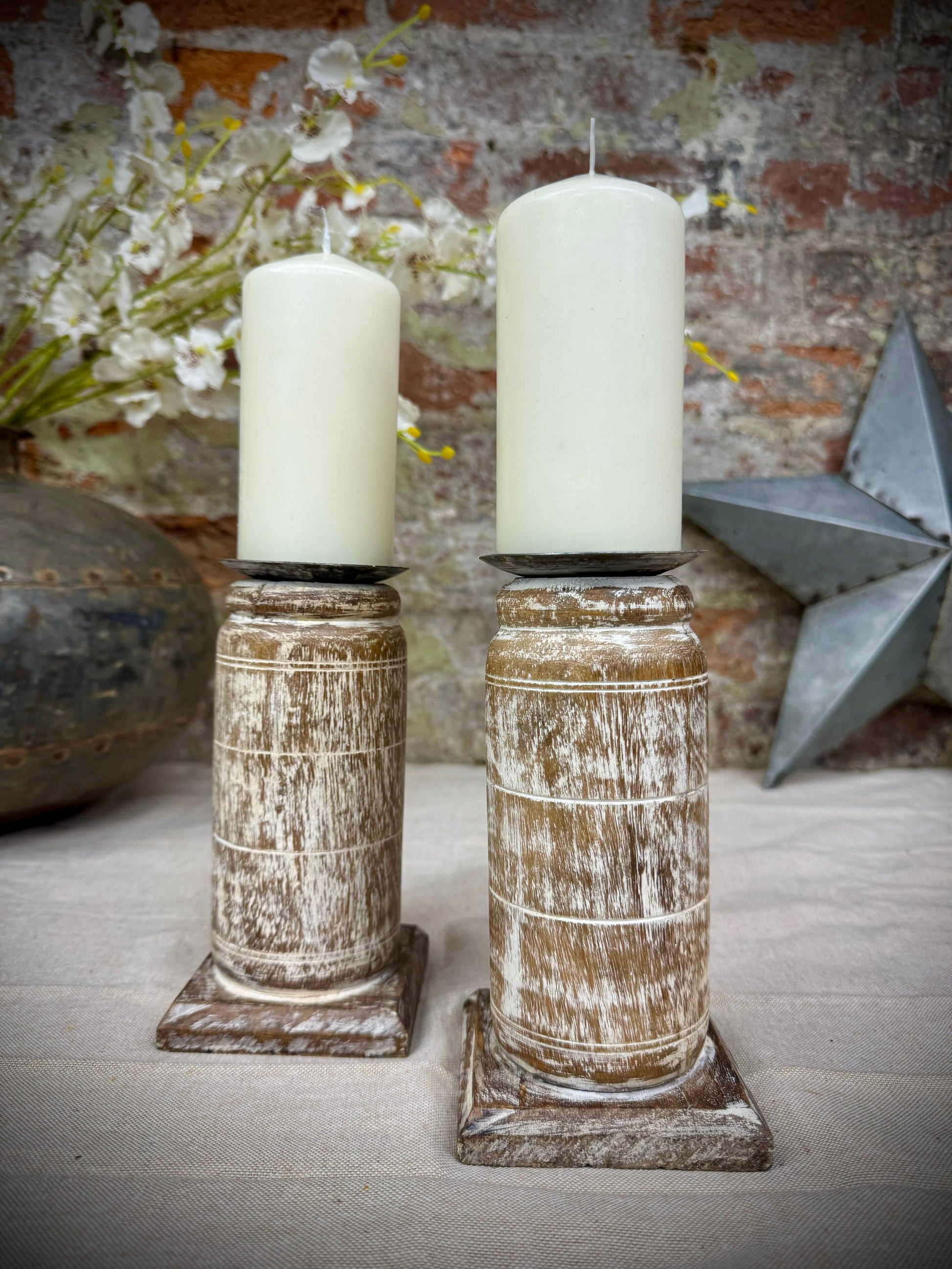 Pair of Rustic Wooden Candle Holders Large Church Candlesticks