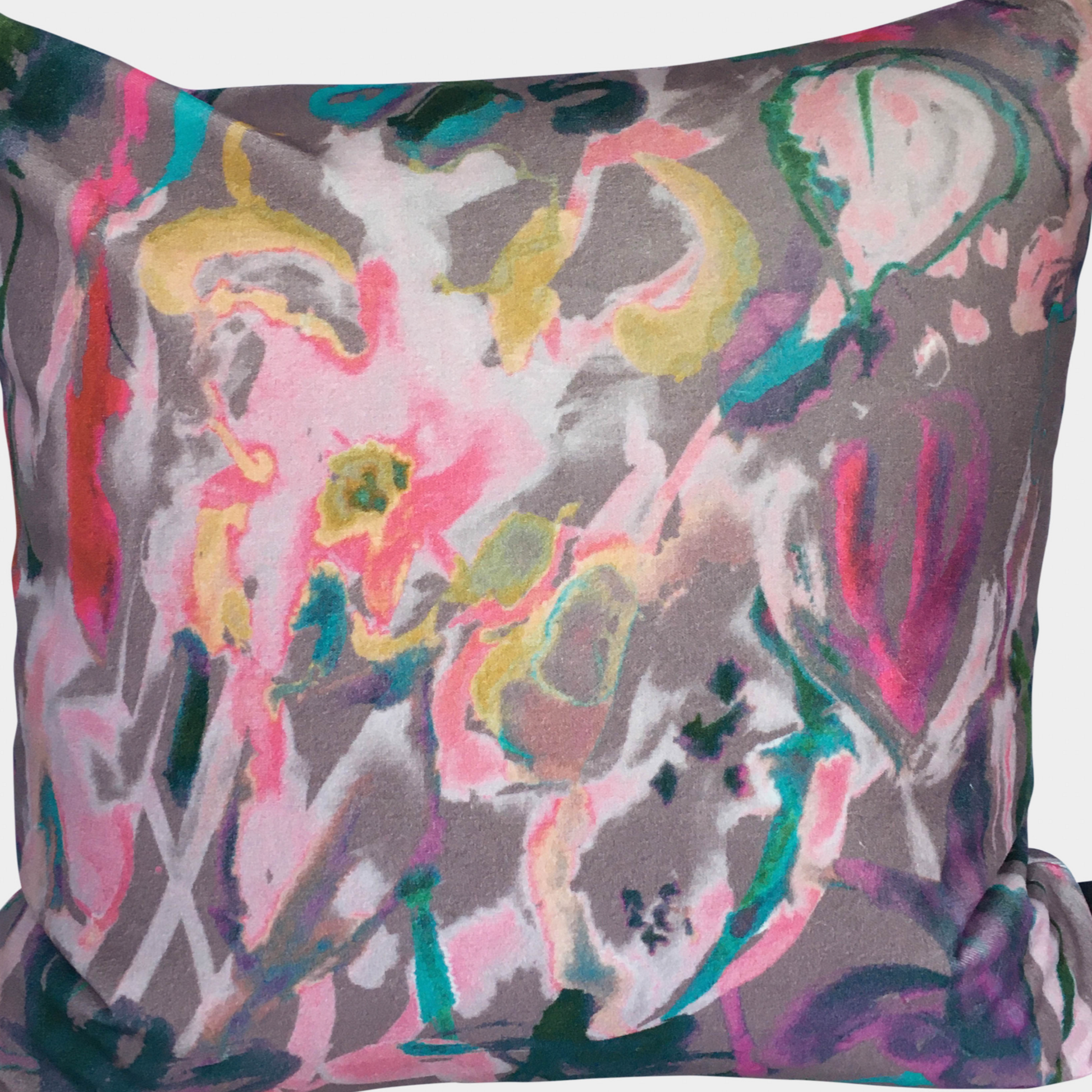 Watercolour Floral Velvet Cushion - Greyish / Lilac + Blush