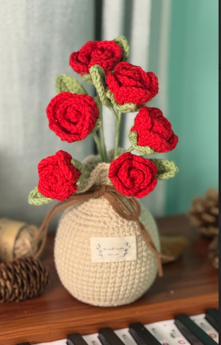 Hand Crocheted Heart Roses with Pot
