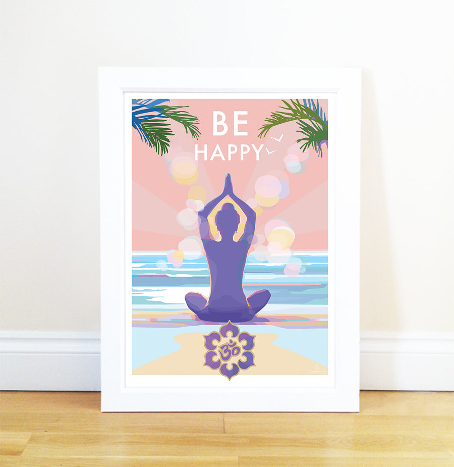 Be Happy Mindfulness Yoga Vintage Retro Quote Poster