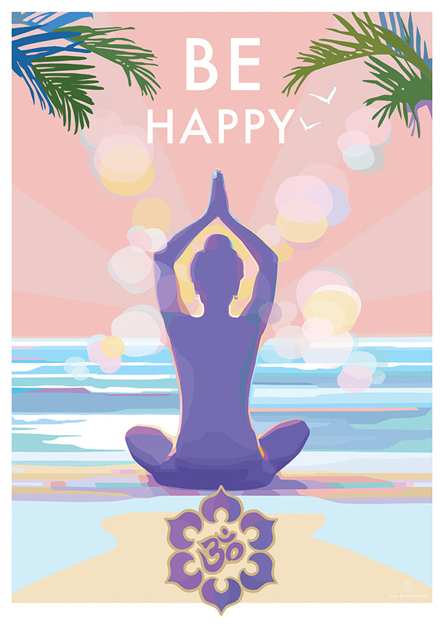 Be Happy Mindfulness Yoga Vintage Retro Quote Poster