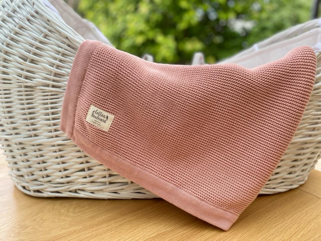 Dusty Pink Organic Cotton Knitted Baby Blanket 100 x 80cm
