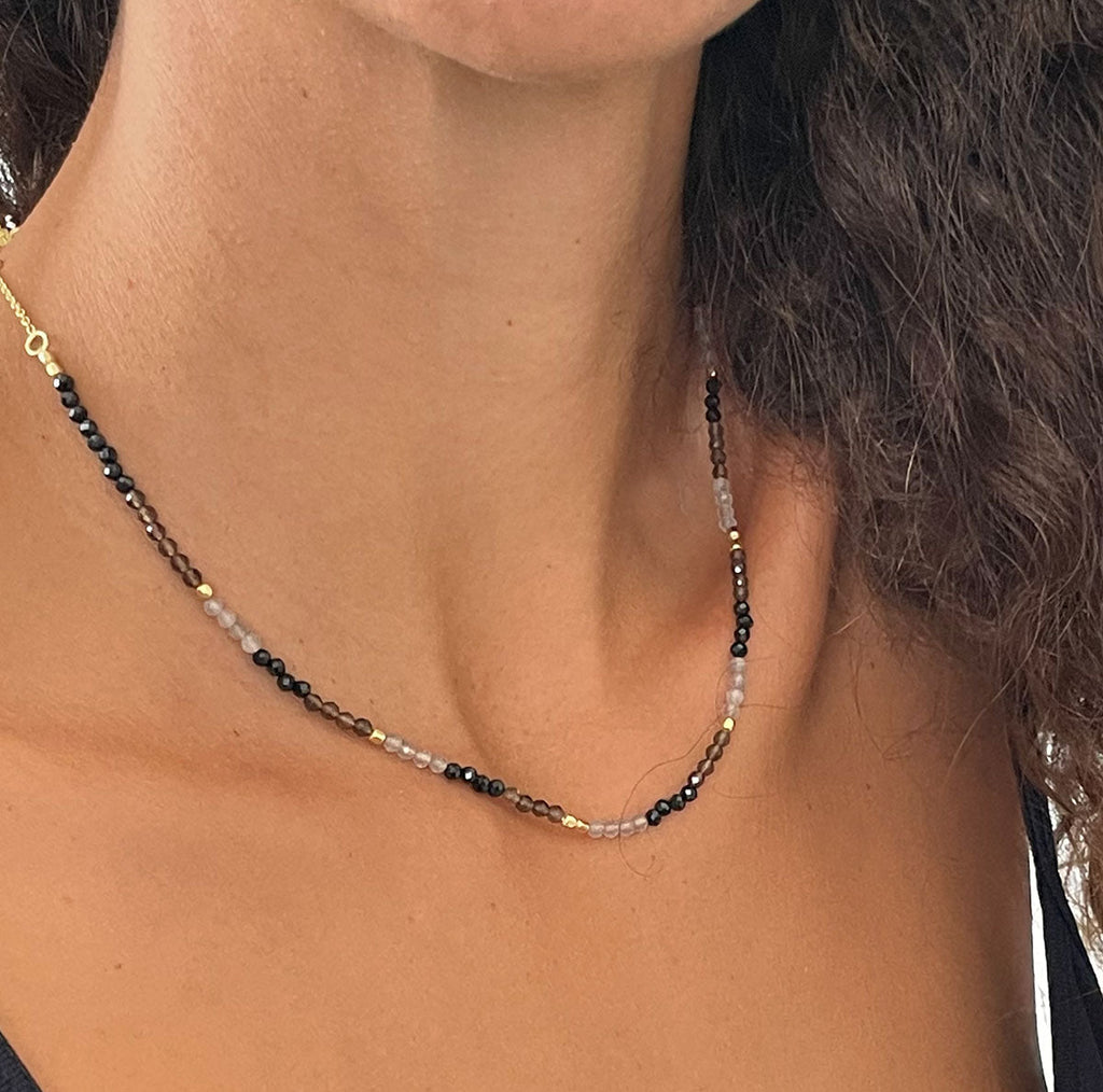 Mixed Gemstone Beaded Necklace with Black Onyx, Smoky Quartz and Labradorite