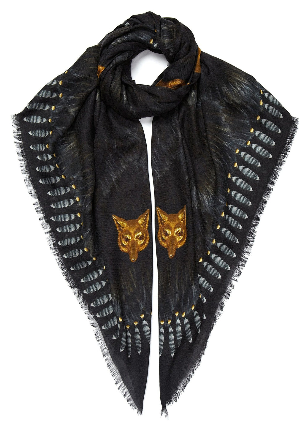 Black Scarf with Fur and Wolves Masks Print