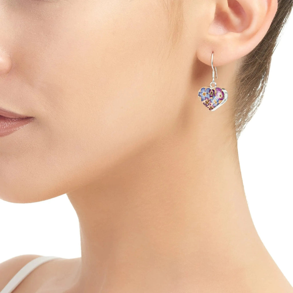 Silver Drop Heart Earrings with Purple Flowers