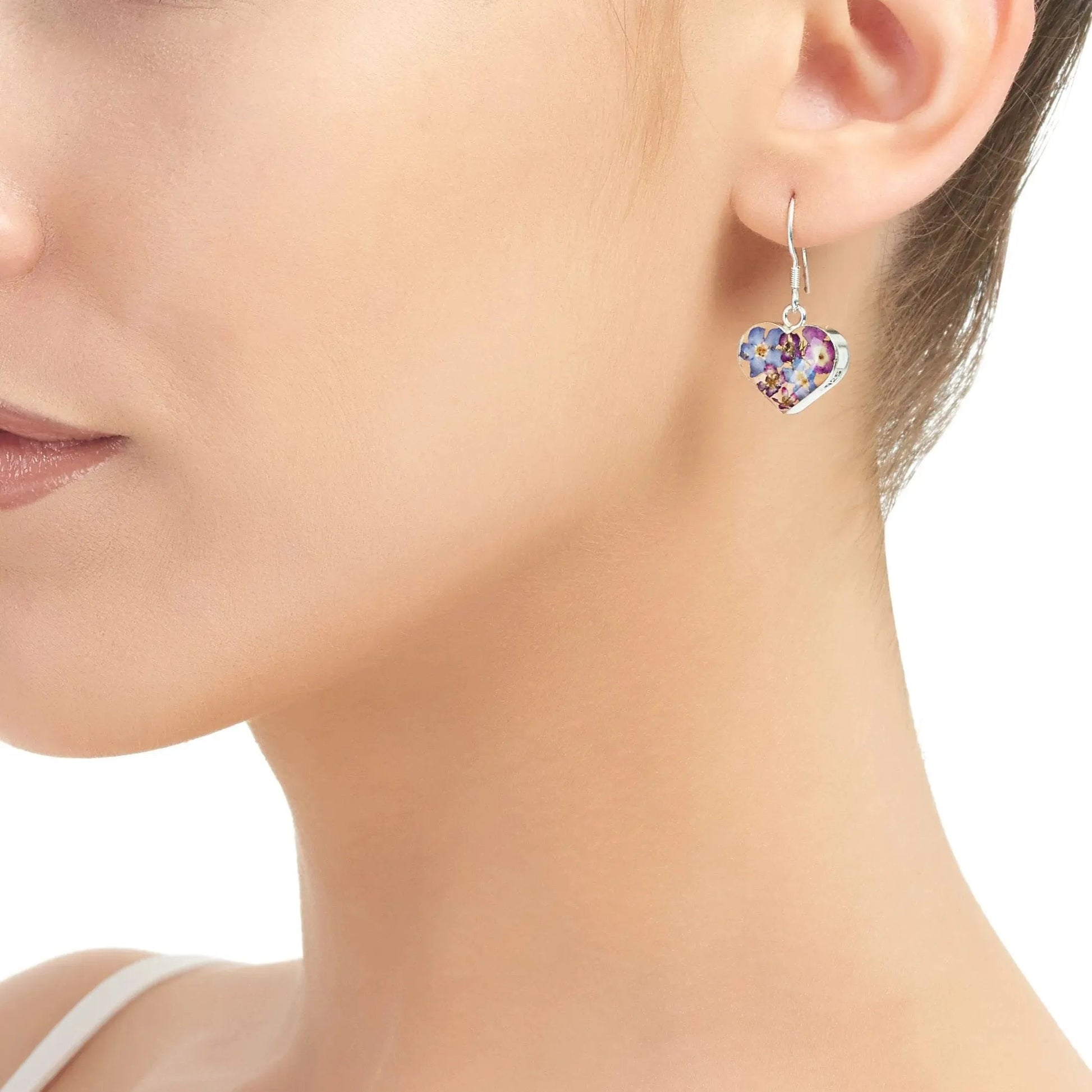 Silver Drop Heart Earrings with Purple Flowers