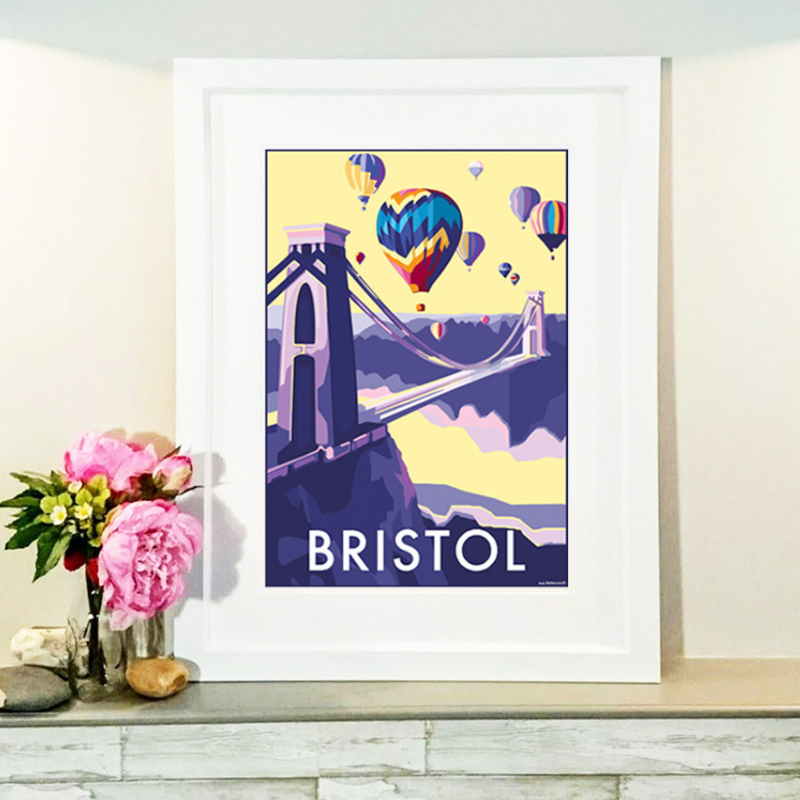 Bristol Travel Poster Print with Suspension Bridge and Hot Air Balloons