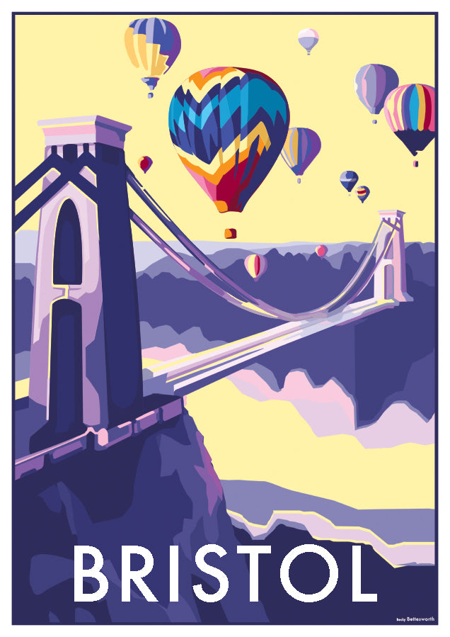 Bristol Travel Poster Print with Suspension Bridge and Hot Air Balloons