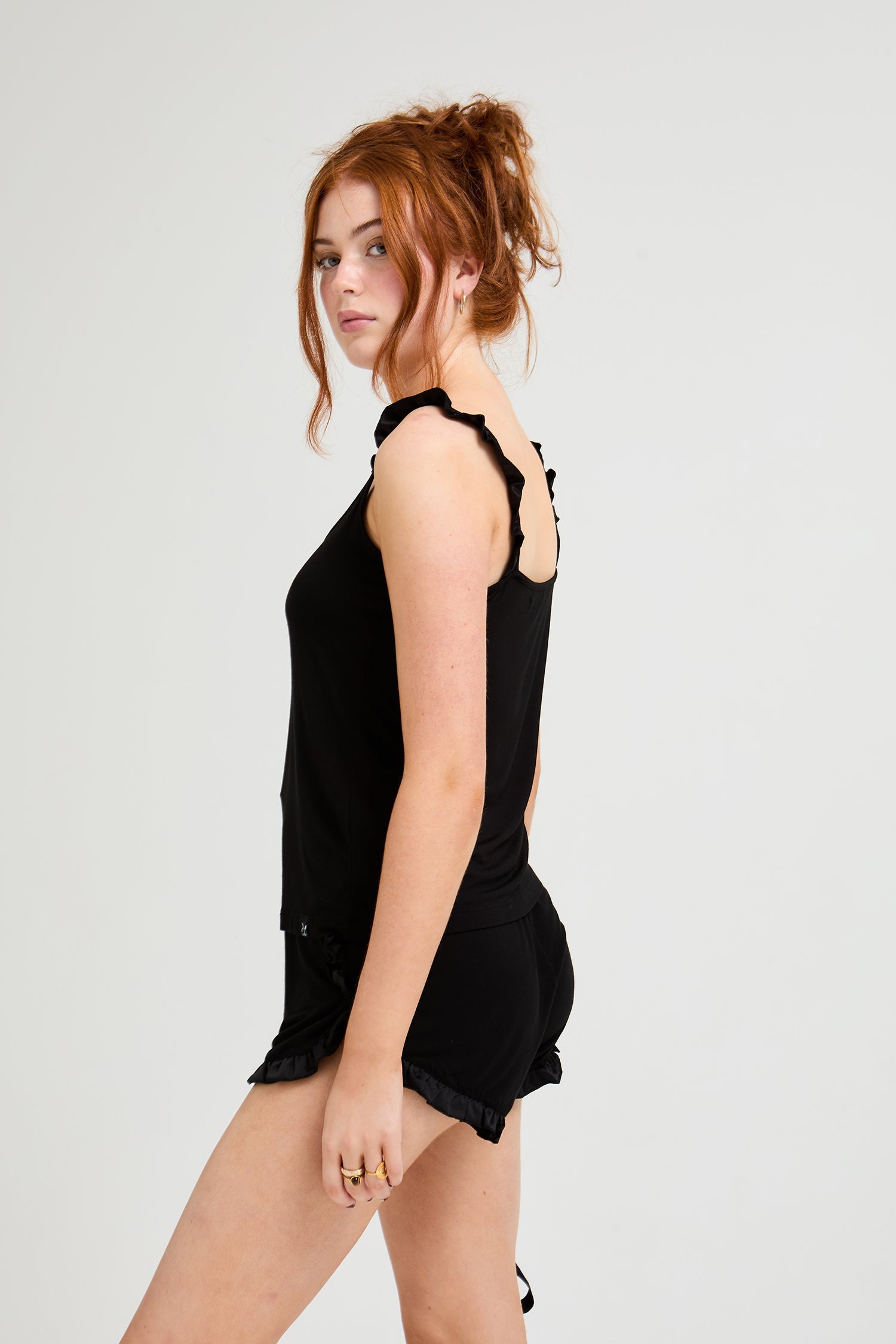 Bamboo Frill Cami Short Pyjama Set in Black