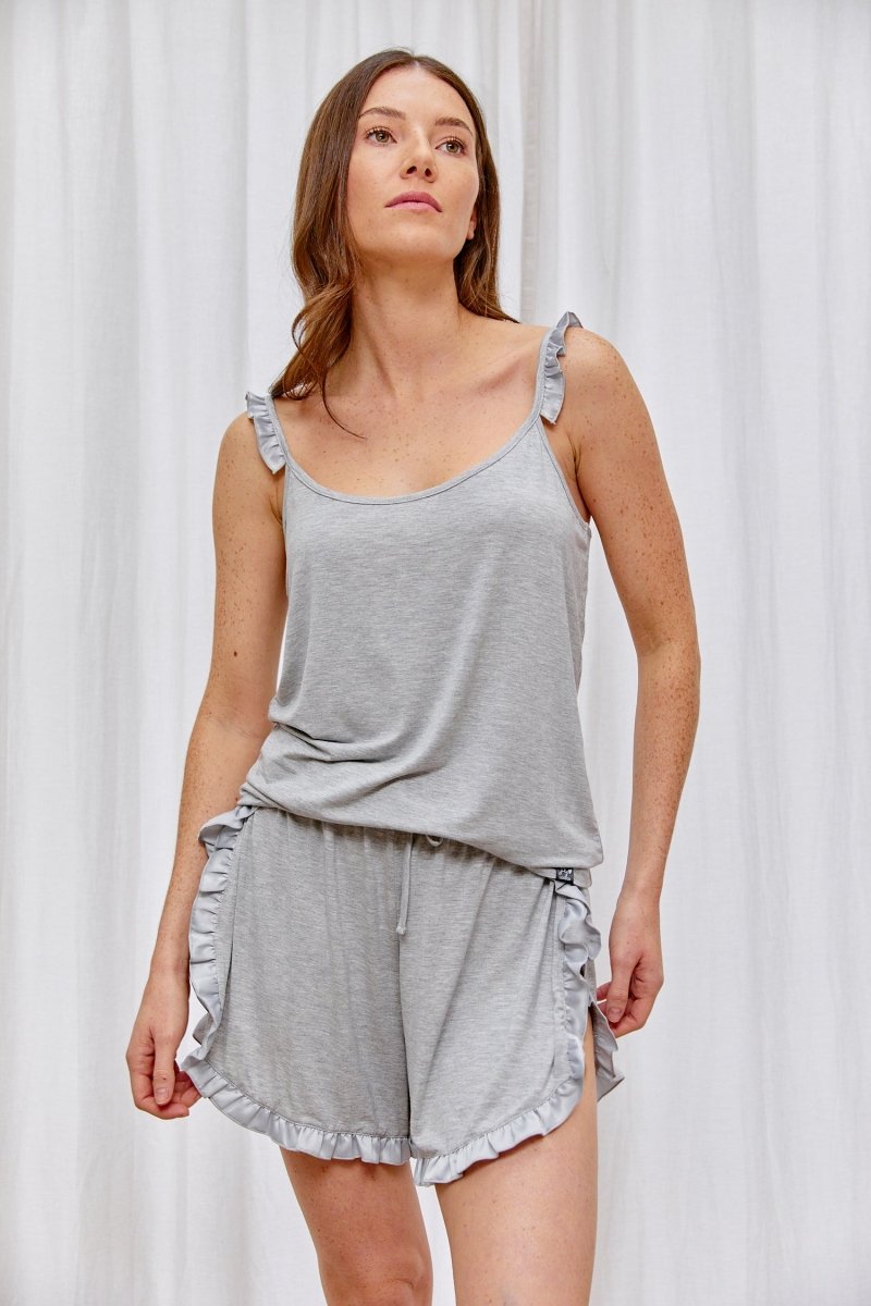 Bamboo Frill Cami Short Pyjama Set in Grey Marl