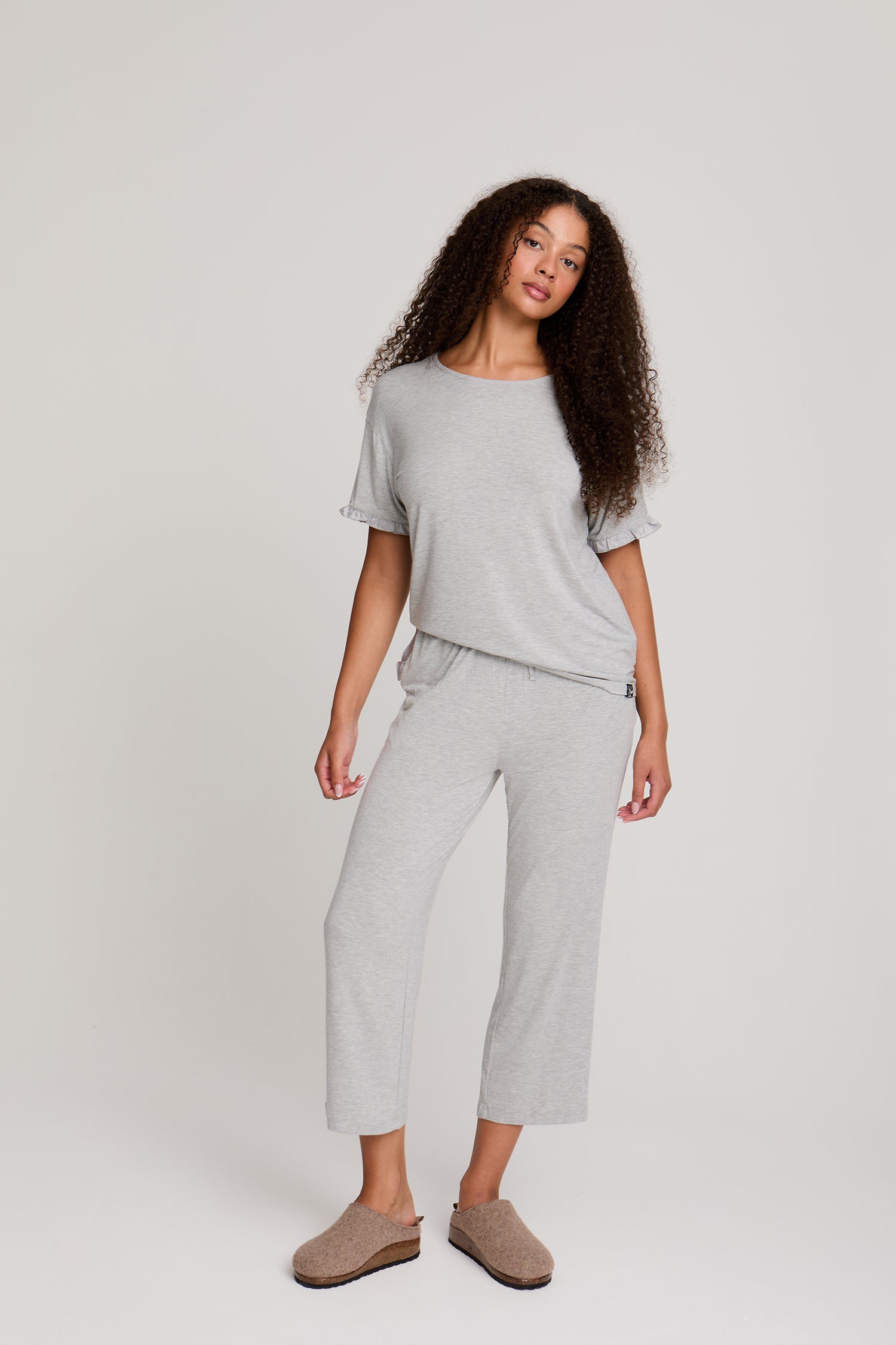 Bamboo Frill Tee Trouser Set in Grey Marl