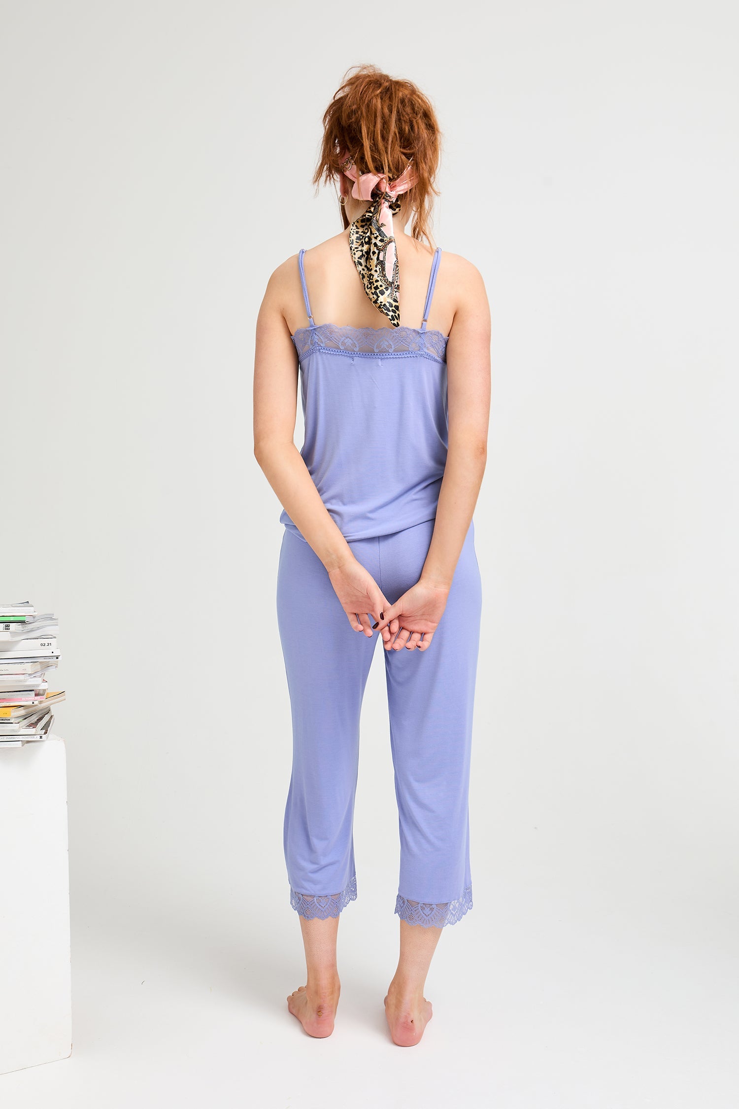 Bamboo Lace Cami Cropped Trouser Pyjama Set in Heather