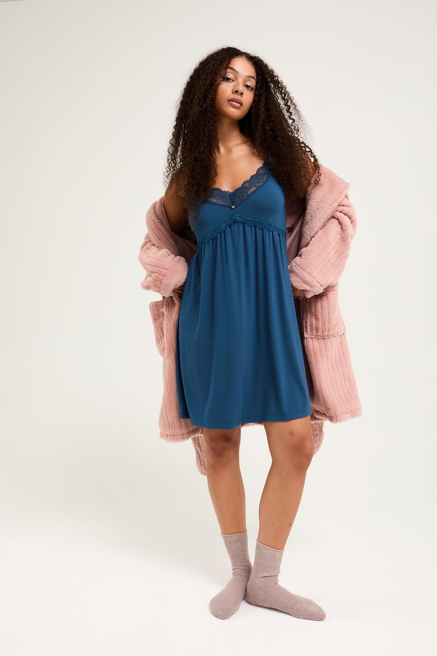 Bamboo Lace Chemise Nightdress in Teal