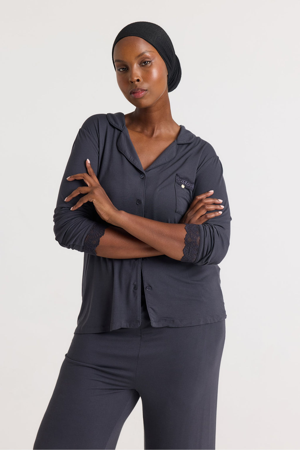 Bamboo Lace Long Pyjama Set in Raven