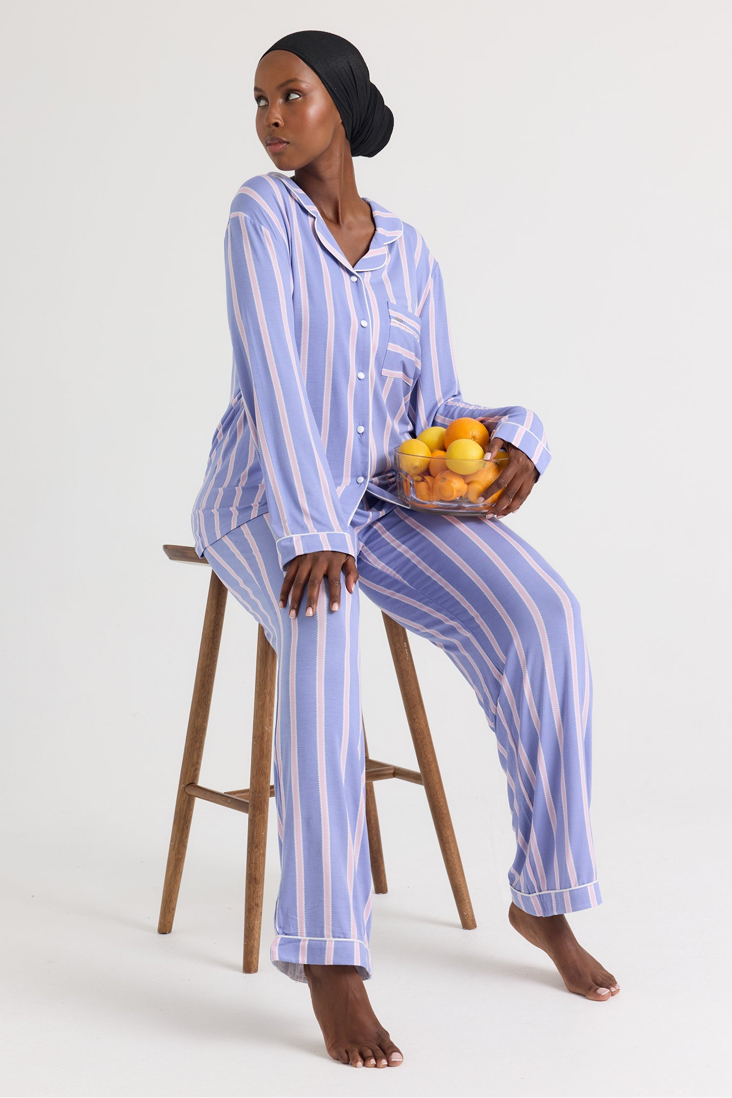 Bamboo Long Pyjama Set in Heather Stripe