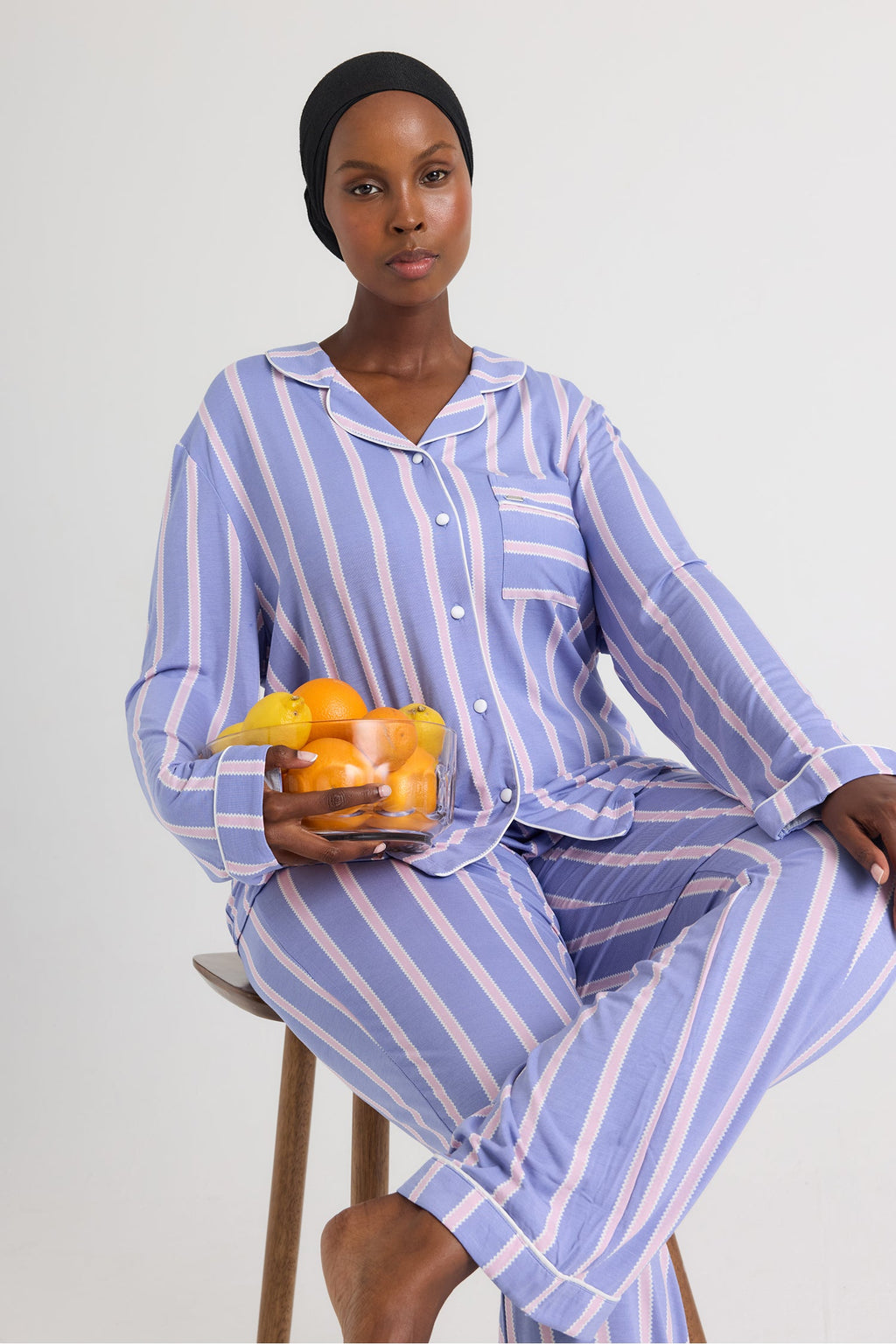 Bamboo Long Pyjama Set in Heather Stripe
