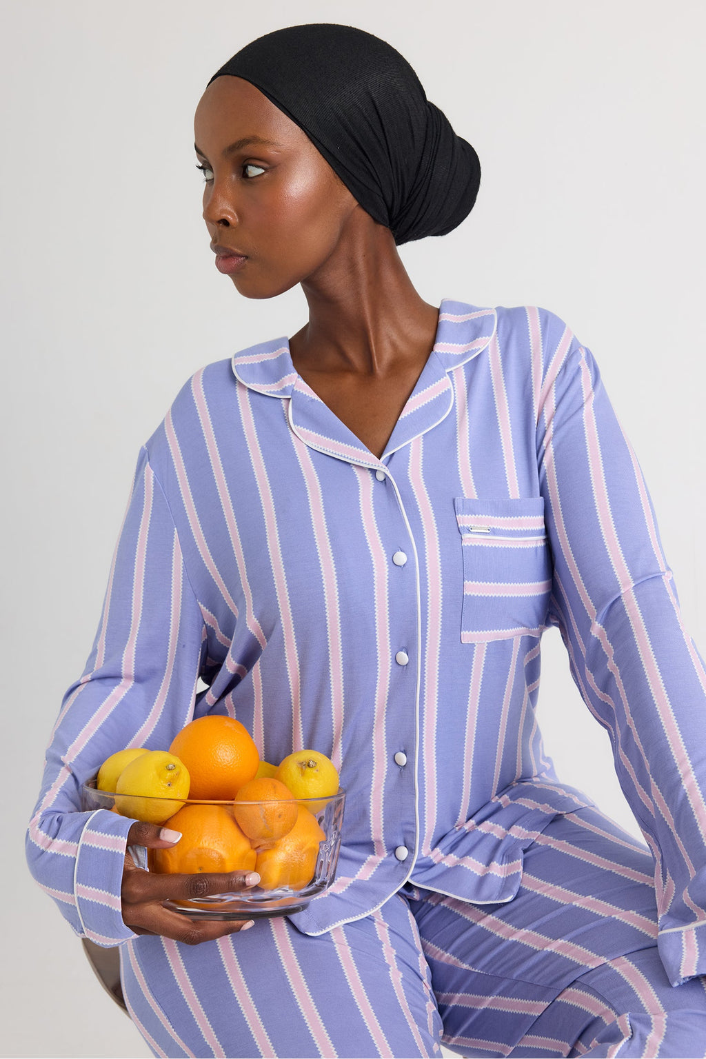 Bamboo Long Pyjama Set in Heather Stripe