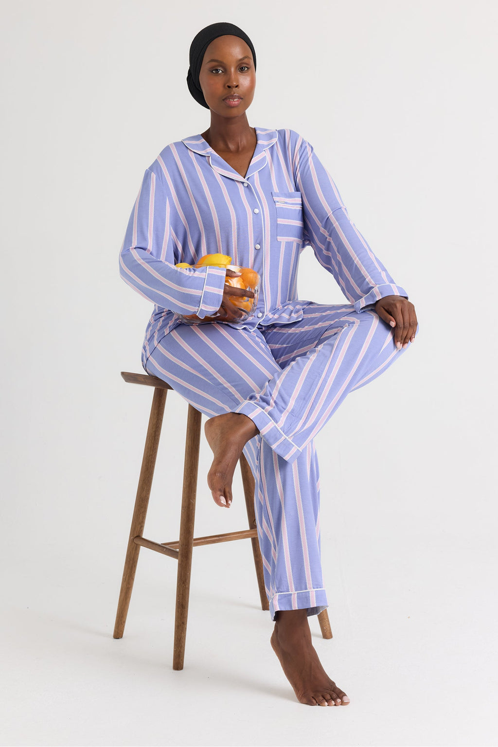 Bamboo Long Pyjama Set in Heather Stripe