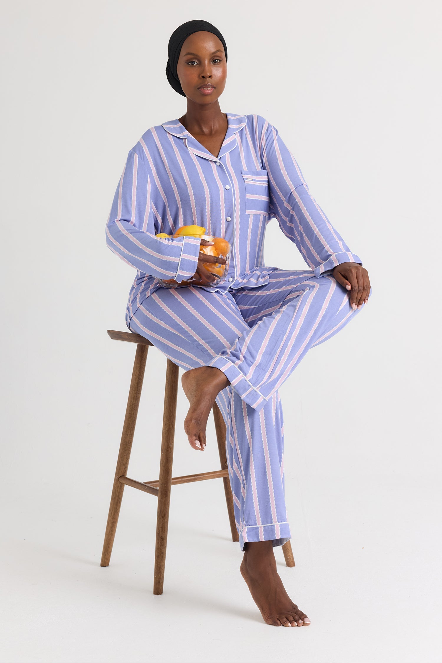 Bamboo Long Pyjama Set in Heather Stripe