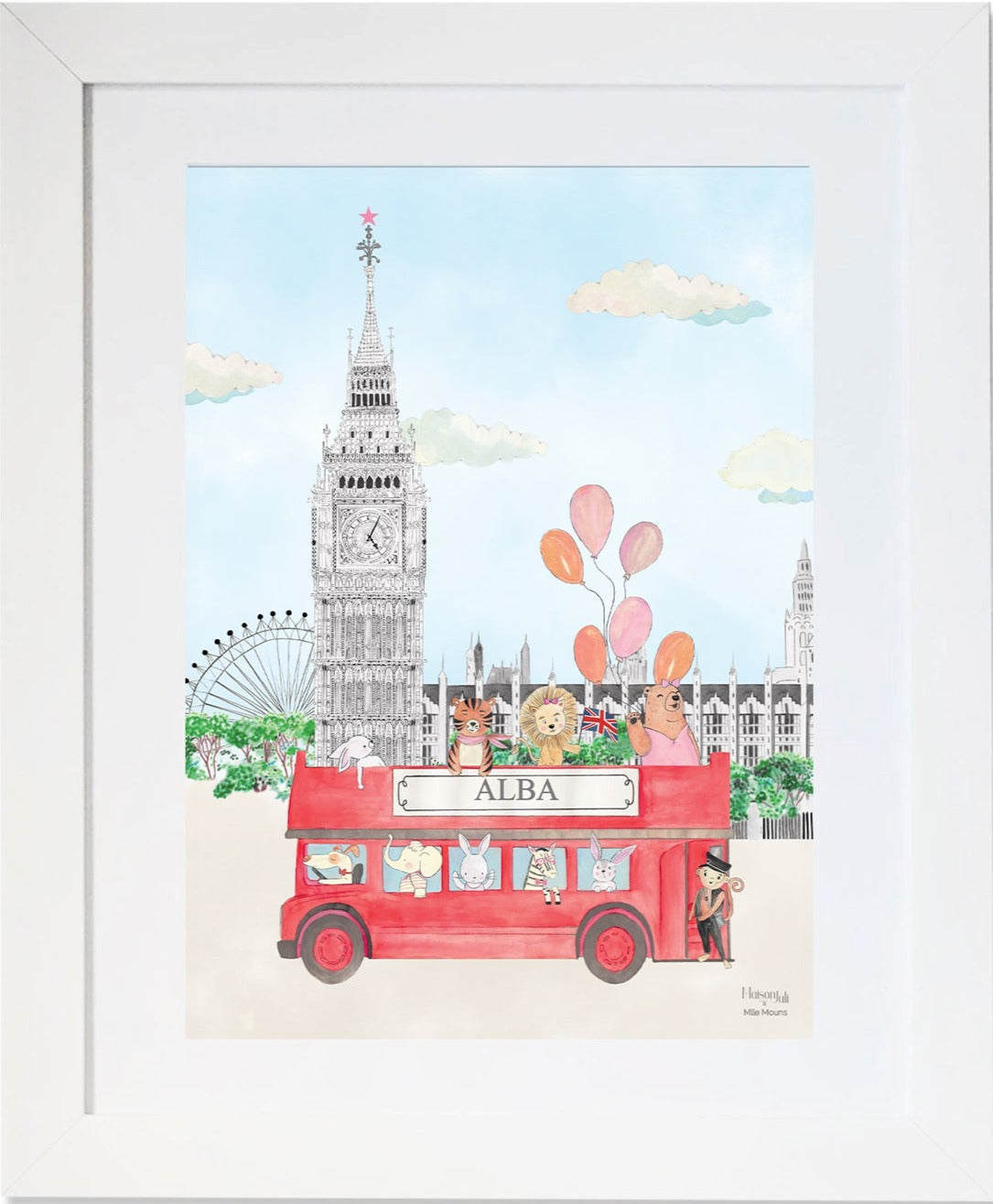 Animals and Big Ben Print for Girls Personalised Nursery Art
